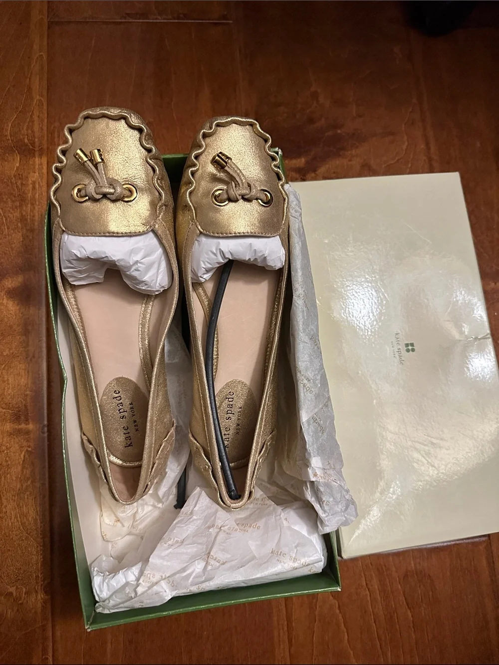 kate spade Metallic Gold Bow-Trim Leather Ballet Flats